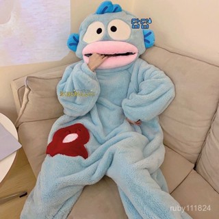 專櫃超讚品質💯漢頓醜魚可愛搞怪連體情侶睡衣男女冬季沙鵰加厚珊瑚絨卡通家居服 G60H