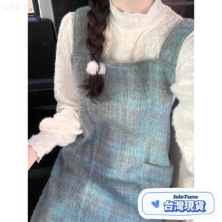 🎶小鈴音Isletune🔔推薦🔔丹寧牛仔兩件套兩件式套裝大尺碼套裝運動套裝外套開衫秋冬連衣裙新款湖藍綠毛呢格子口袋