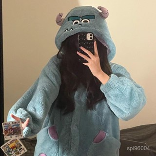 可愛小怪獸珊瑚絨睡衣女秋冬季新款加絨加厚家居服保暖睡袍可外穿