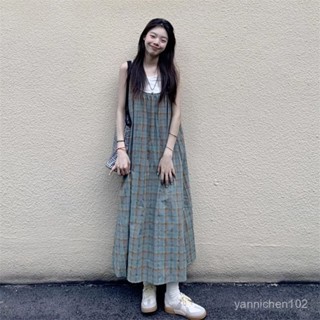 點心喵 日系服飾 日系女裝 春天女裝 日系森林系 法式複古格子吊帶連衣裙2024新款海邊度假顯瘦長裙兩件套裝 C3UQ