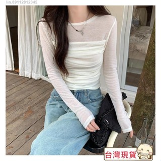✨最新款式✨特價🚚網紗長袖t恤女時尚短版上衣