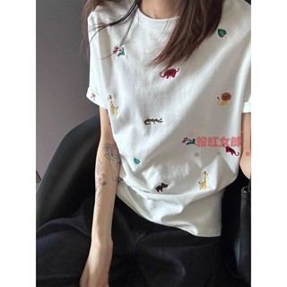 白色童趣小動物刺繡短袖T恤女夏新款小個子純棉寬松正肩上衣 大尺碼女裝 短袖t恤 短袖上衣 氣質上衣 夏季女裝 韓版上衣