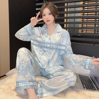 ins 高階感水墨畫印花冰絲睡衣｜長袖家居服套裝可外穿 女新款 韓版套裝 冰涼觸感透氣吸汗衫 夏季新款高階感睡衣