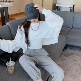 七喜服裝～新款長袖兩件套設計感圓領大學T寬鬆百搭短版上衣外套女潮