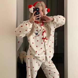 【臺灣出庫】hellokitty珊瑚絨睡衣女 秋冬季睡衣 加厚保暖卡通甜妹波點睡衣 家居服套裝 毛絨睡衣 長袖睡衣