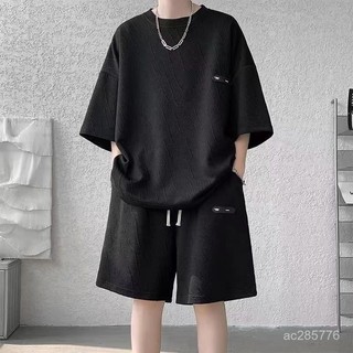 【爆款男裝】高級套裝男士夏季時尚休閒重磅寬鬆潮牌套裝兩件套
