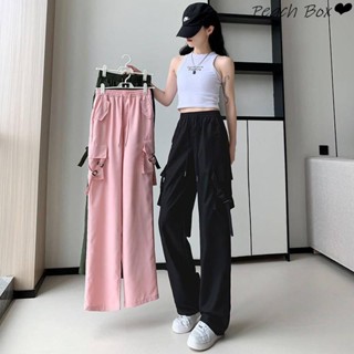 Y2K 闊腿工裝褲女式 Dopamine 街頭服飾復古運動休閒寬鬆直筒加大碼戶外多口袋高腰女士超大舞蹈女式長褲蜜桃匣子