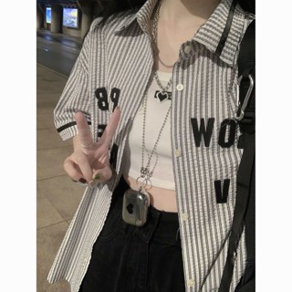 小可家FORGE美式條紋襯衫vintage女夏季韓係小眾薄款開衫短袖潮流上衣 夏季外套 防曬外套 透氣外套 夏天外套女