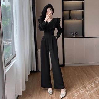 【臺灣出貨】S-2XL女裝褲子連身褲 女生衣著連身褲 韓版長袖連身長褲 個性輕熟職場荷葉邊名媛氣質小眾高階感連身褲/fu
