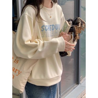 春秋新款簡約圓領大學T女刷毛港味熱門時尚ins風潮外套薄款上衣服上衣長袖 t恤長袖上衣寬鬆長袖t恤長袖大學t