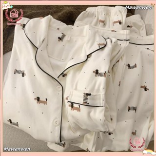 Mawenwen🔥]冬季保暖德絨睡衣女 韓版ins風長袖薄絨居家服 卡通可愛斑點臘腸狗睡衣兩件套 保暖甜美大尺碼家居服