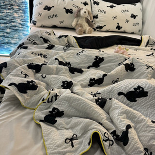 Jennie 夏季 被子 薄被 親膚 卡通黑色貓咪夏涼被水洗棉夏被夏季裸睡空調被單雙人宿舍床薄被子
