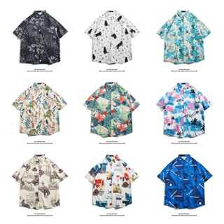 臺灣出貨港風ins短袖花襯衫男女夏季情侶休閒夏威夷沙灘襯衣碎花襯衫男 夏季襯衫 男生襯衫 透氣襯衫 防曬襯衫 韓係襯衫