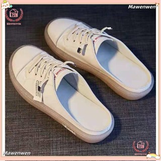 🔥Mawenwen🔥 包頭半拖鞋女 無後跟鞋 小白鞋女 懶人鞋女 平底女鞋 穆勒鞋女 懶人拖鞋 便鞋 軟底拖