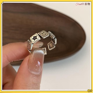 粉絲福利🎀韓國戒指 ins戒指 小眾設計復古做舊幸運方塊笑臉戒指女時尚個性氣質開口食指戒 閨蜜戒指 禮物首選
