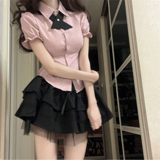 🌷臺灣出貨🌷Glove 甜辣妹 polo領 襯衫女 夏季甜美 粉色短袖襯衣 修身顯瘦 設計感 小眾上衣 兩件套 洋裝