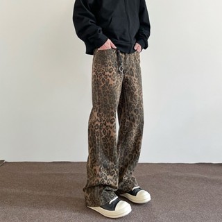 🔥熱賣男士牛仔褲復古 Maillard 風格寬鬆直筒牛仔褲豹紋設計男士休閒褲