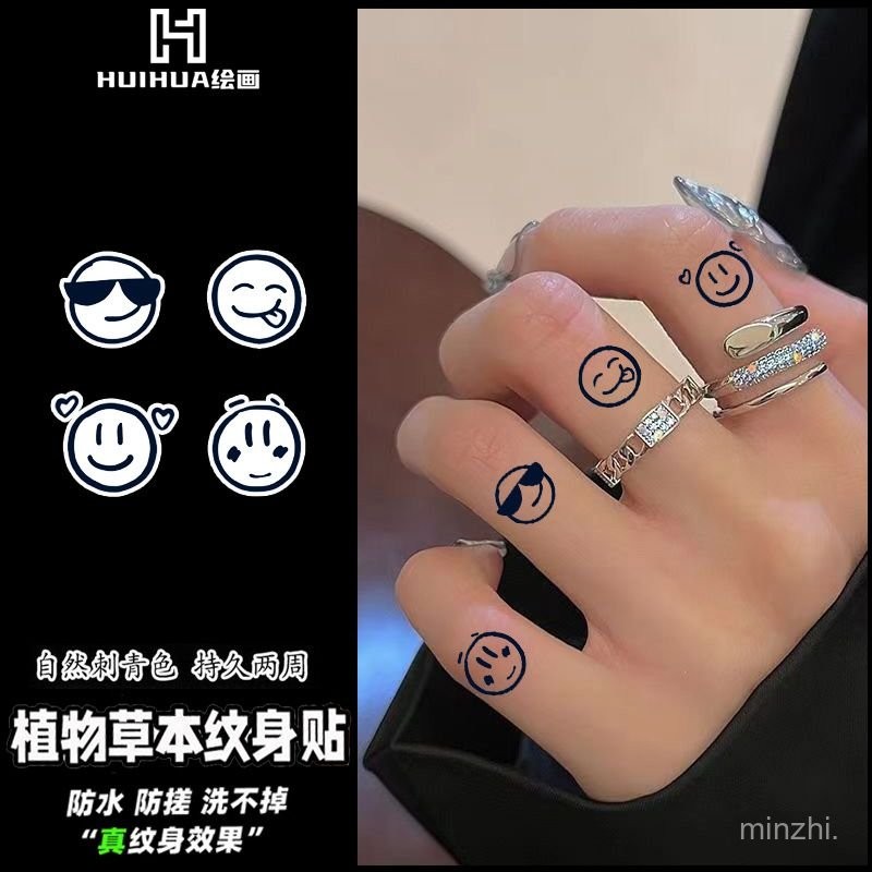 朋剋笑臉手指紋身貼草本半永久防水持久男女個性圖案逼真果汁刺青 8XBW