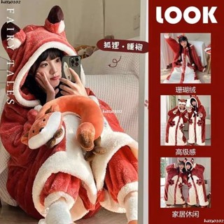臺灣出貨❥加絨加厚珊瑚絨女睡衣冬款毛絨連帽狐狸學生家居服中長款睡袍套裝