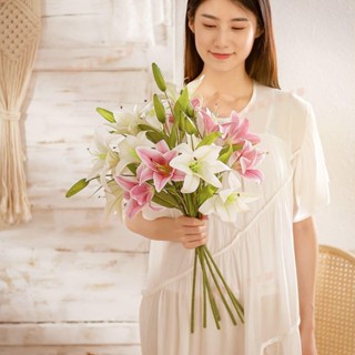 花蓮免運♕3頭人造花百合假塑膠花婚禮家居裝飾花束