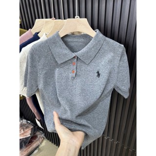 桃園出貨優品韓版學院風純色POLO領針織衫T恤女短袖夏季新款時尚刺繡打底薄款上衣