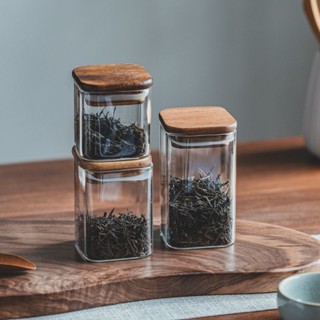 💥臺灣倉庫出貨💥 小容量迷你民宿茶葉罐方形木蓋玻璃儲物罐五穀雜糧咖啡密封收納罐