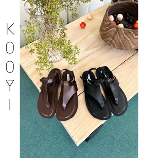 kooyi-羊皮 真皮羅馬涼鞋女 真皮夾趾涼鞋女 平底圓頭休閒複古涼拖鞋女 黑色 棕色