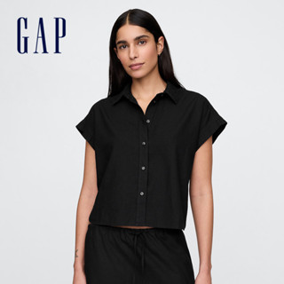 Gap 女裝 翻領袖短袖襯衫-黑色(718362)