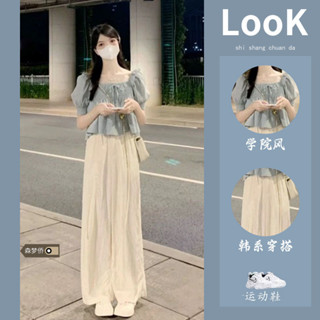 [桃園出貨]小個子茶係穿搭一整套女夏季2025年新款泡泡袖上衣可鹽可甜兩件套