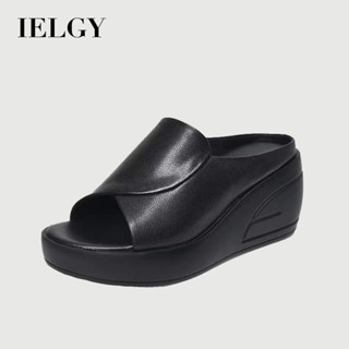 IELGY 坡跟涼鞋女新款真皮軟皮夏季鬆餅厚底