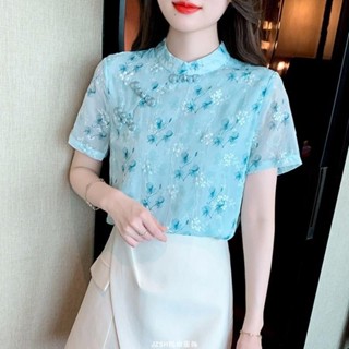 碎花短袖女上衣 休閒百搭 法式碎花雪紡襯衫女 短袖 設計感小眾新中式旗袍上衣