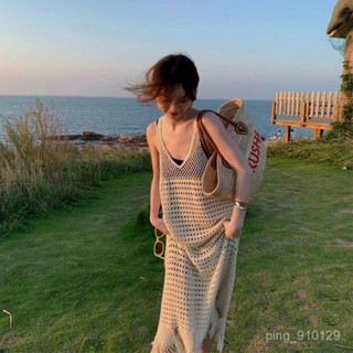 【春夏女裝】3-12複古小眾設計感鏤空針織吊帶連衣裙海邊度假沙灘長裙 海邊女裝 夏季短袖連身裙 寬鬆夏日洋裝 可愛孕婦裝