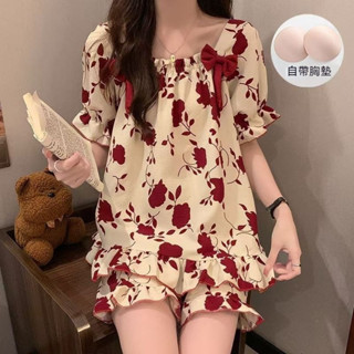 臺灣發貨 帶胸墊睡衣女款夏天短袖薄款防凸點可愛蝴蝶結甜美夏季套裝家居服短袖睡衣 居家服睡衣 可愛睡衣