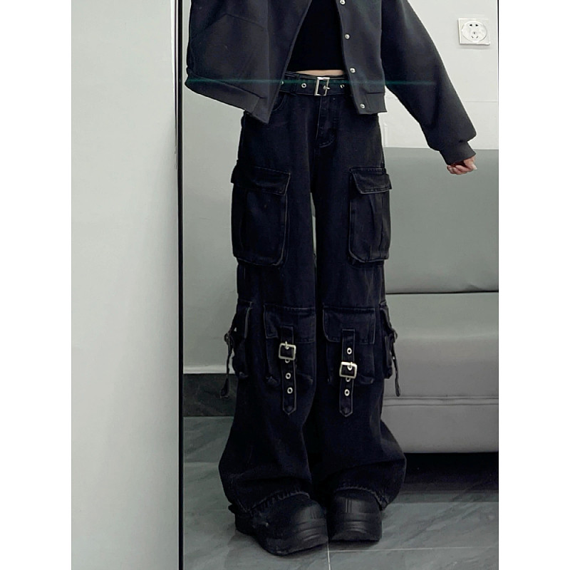 大碼胖mm美式復古水洗重工黑色多口袋牛仔工裝褲 女寬松闊腿拖地褲 春秋新款高街