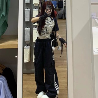 【臺灣出貨】美式高街闊腿工裝長褲女休閒寬鬆潮牌跳舞嘻哈拖地三條槓運動衛褲子 直筒工裝褲 街頭工裝褲 夏季工裝褲