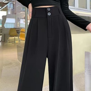 現貨當天出貨-長褲女 夏季薄款褲子女 休閒時尚黑色闊腿褲女夏季高腰垂墜感百搭顯瘦拖地直筒梨形身材大碼西裝褲