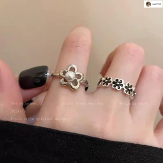 臺灣出貨💕清清💕 合金戒指 黑色滴釉珠珠小花朵開口戒指女復古食指戒輕奢高級感小