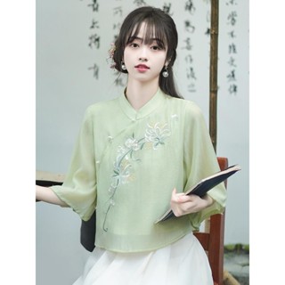 【免運】新中式中國風刺繡唐裝改良旗袍上衣夏季禪意茶藝服裝漢服套裝