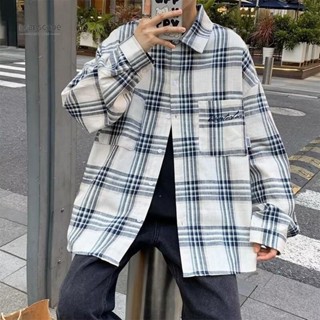 M-8XL 韓版時尚白色格子襯衫男 慵懶風 休閒寬鬆格紋長袖襯衫 薄外套 男生春秋季襯衫 高階男裝Manscape