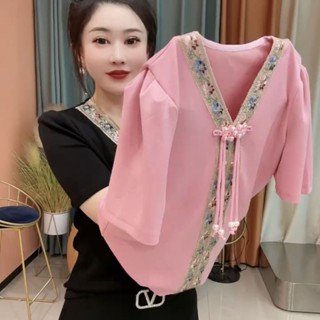 中國風 V領 新中式 媽媽裝 中式上衣 釘珠 刺繡 盤扣上衣 流蘇 拚色上衣 短袖t恤女 顯瘦上衣 夏天女裝 短袖女裝