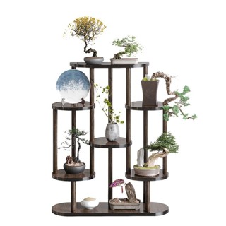 #熱賣#免運#居家 實木臺式花架簡約擺件博古架太湖石茶葉展示架現代茶具古玩收納架