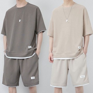 【小雅】POLO衫 男生短T 短袖 襯衫男 套裝男 夏季華夫格冰絲短袖 男士運動休閑套裝 大碼男裝一套搭配短褲T恤