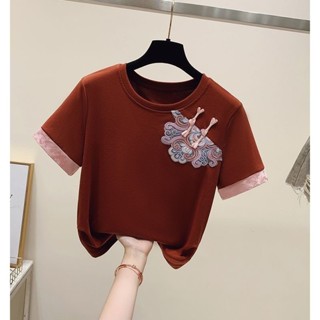 2025夏季新中式國風新款重工刺繡上衣短款盤扣時尚小眾短袖T恤女 國潮 中國風上衣 復古上衣 大尺碼上衣 顯瘦 短袖T恤