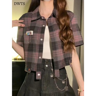 [DWTS🌼]好甜辣好米!!!【格子襯衫】設計感短袖t恤女INS韓版辣妹短上衣服女裝 顯瘦上衣女裝 衣服 外套