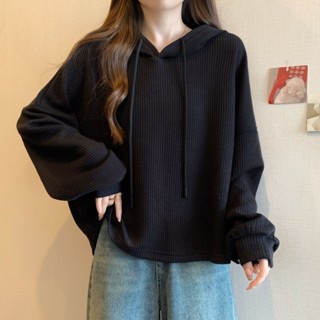大尺碼紋理感坑條連帽長袖t恤女秋季寬鬆顯瘦時尚胖mm上衣女ins美搭新衣免運
