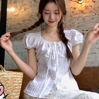 【臺灣出貨】壓褶係帶圓領白色泡泡袖襯衫女薄款單排扣遮肉顯瘦上衣 白色襯衫 短袖 素色 短袖上衣