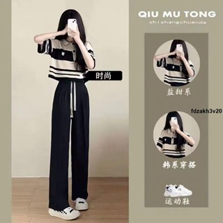 甜酷套裝❤ 時尚套裝女夏季新款韓版寬松鹽系穿搭polo領T恤上衣闊腿褲兩件套
