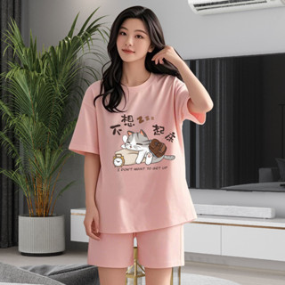 貨物臺階 夏季2025新款胖MM家居服套裝牛奶絲短袖短褲顯瘦潮 女生套裝 時尚套裝 貨物套裝 夏天套裝JA018