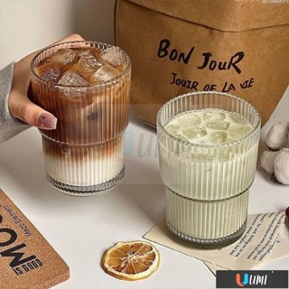 🔥Umi珍選🔥ins豎條紋玻璃咖啡杯帶蓋帶吸管水杯家用高顔值牛奶杯