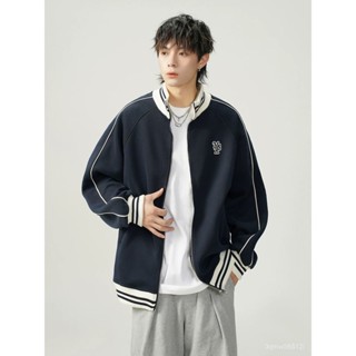 JTL品質優選-美式重磅條紋夾克男春高街潮牌刺繡棒球服複古學院風加厚情侶外套